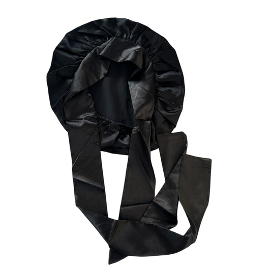 Black silk hair bonnet on a white background