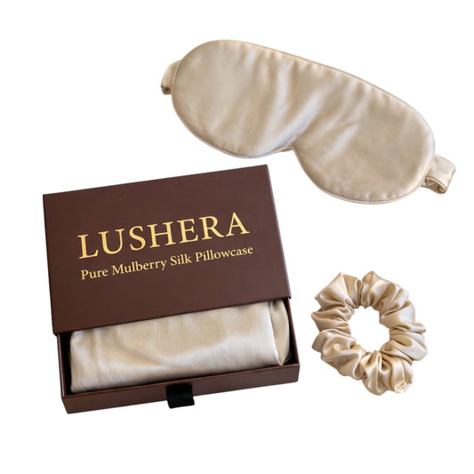 Lushera pure mulberry silk pillowcase set with eye mask and scrunchie on a white background