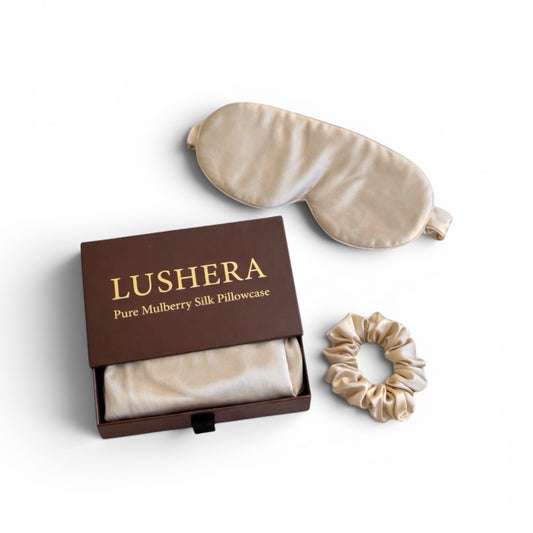 Lushera pure mulberry silk pillowcase, eye mask, and scrunchie set on a white background
