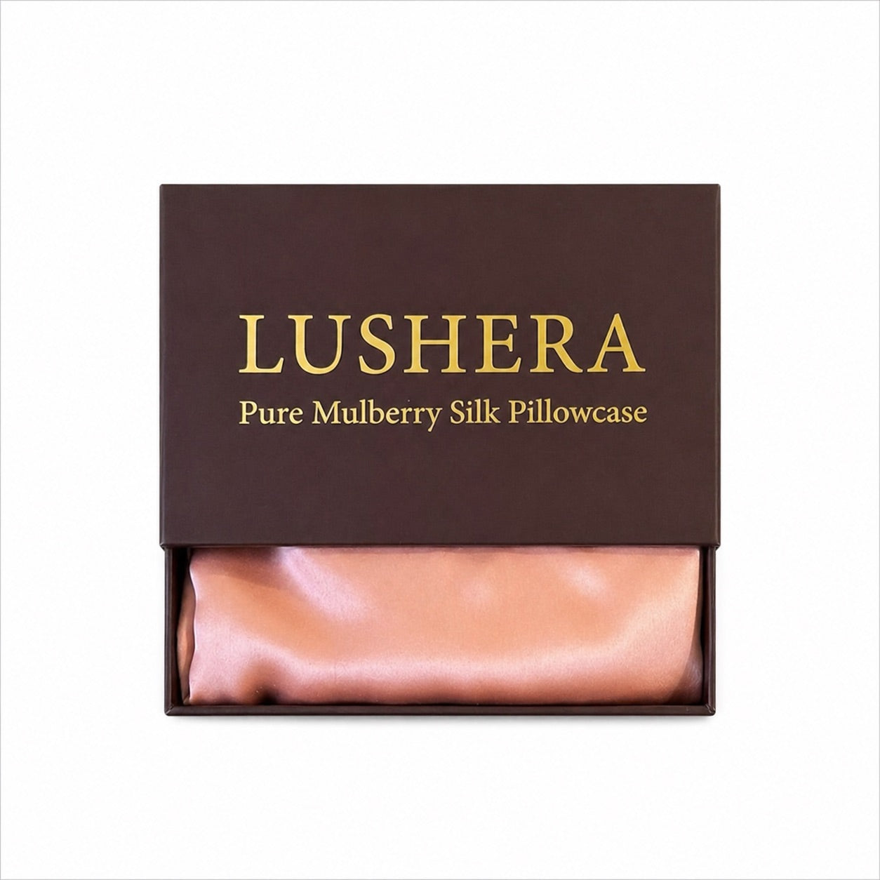 Lushera pure mulberry silk pillowcase in a brown box on a white background