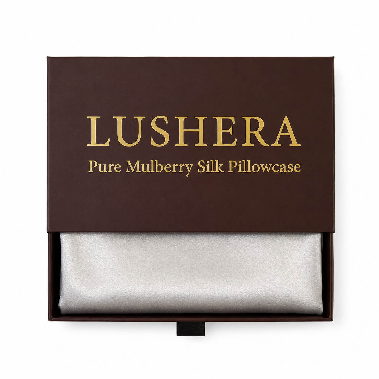 Lushera pure mulberry silk pillowcase in a brown box on a white background
