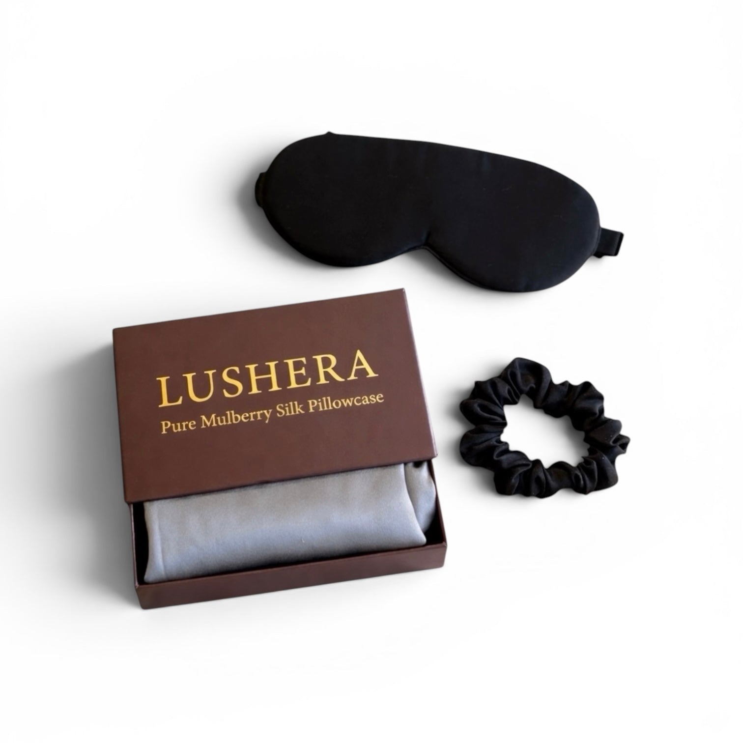 Lushera pure mulberry silk pillowcase with a black sleep mask and scrunchie 