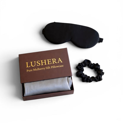 Lushera pure mulberry silk pillowcase with a black sleep mask and scrunchie 