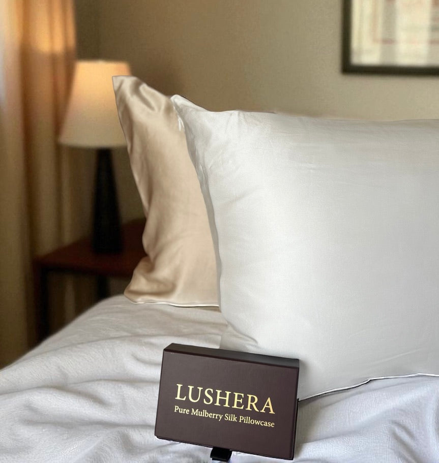 Lushera silk pillowcase on bed