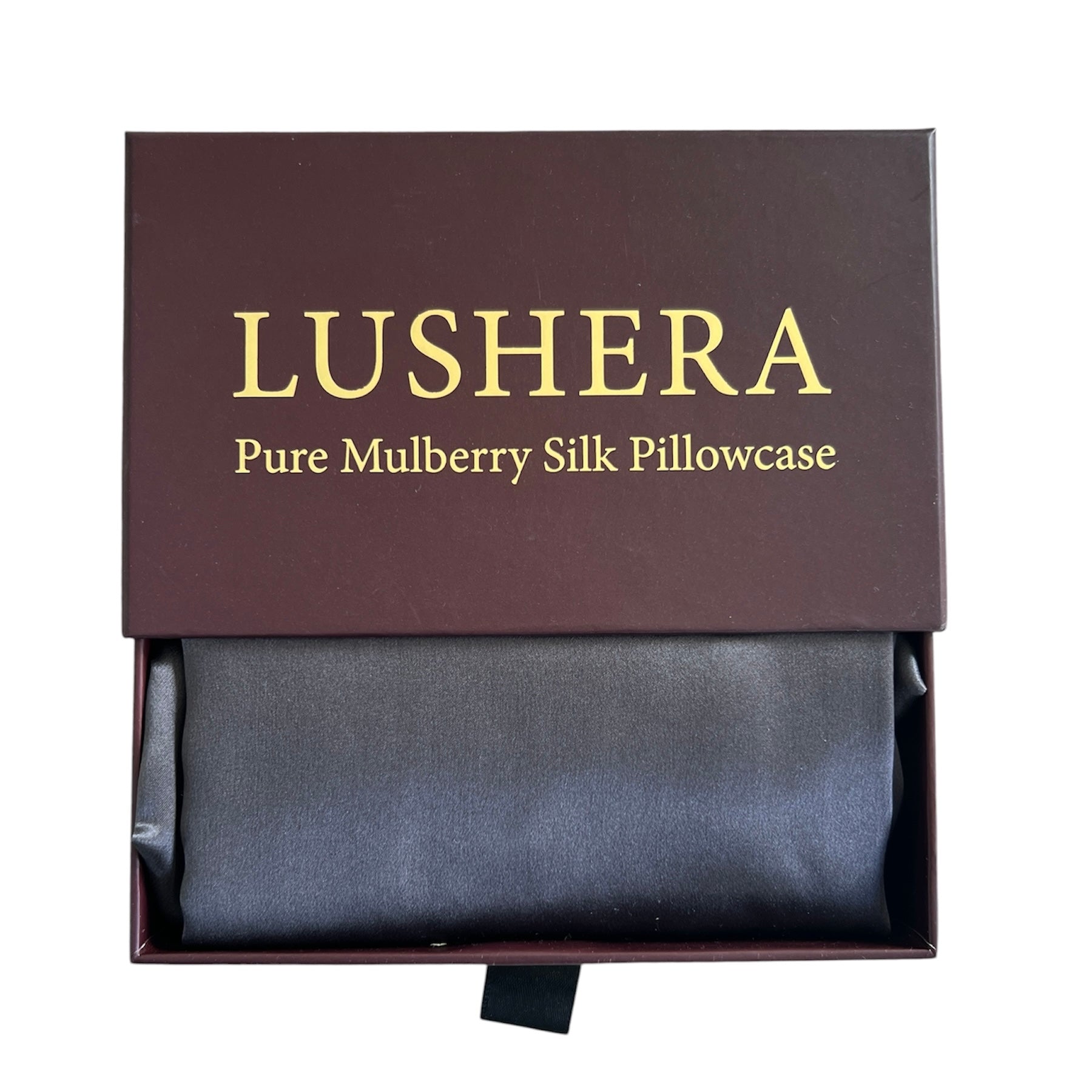 Lushera charcoal silk pillowcase in a luxury box