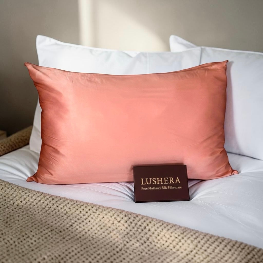 Pink silk pillowcase on a bed with 'Lushera' packaging.