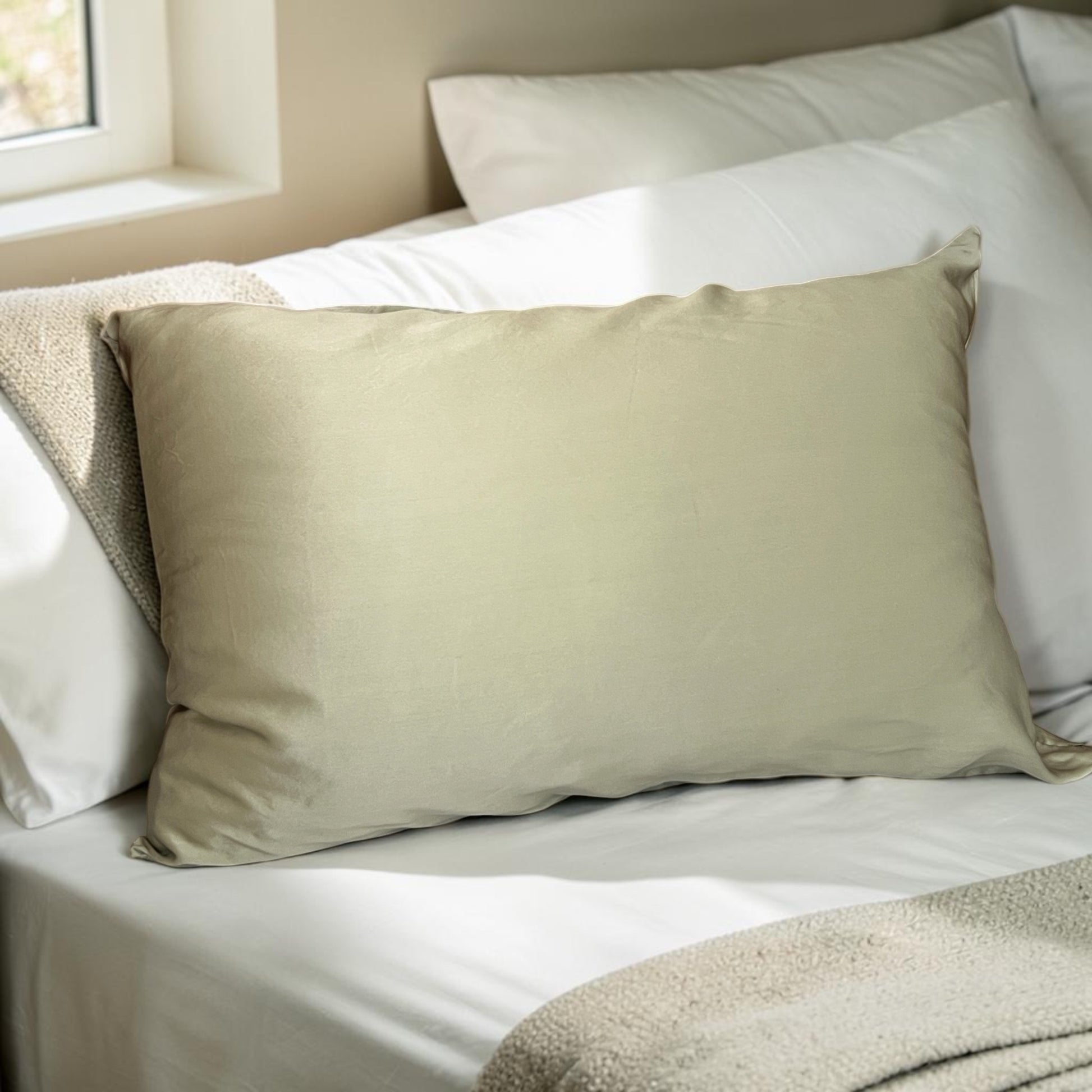 Sage silk pillow on a bed with white bedding and neutral tones.