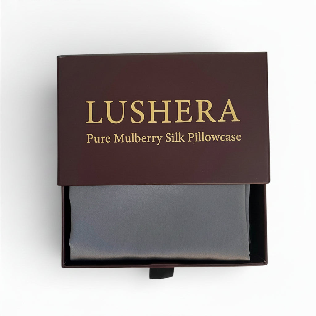 Lushera pure mulberry silk pillowcase packaging on a white background